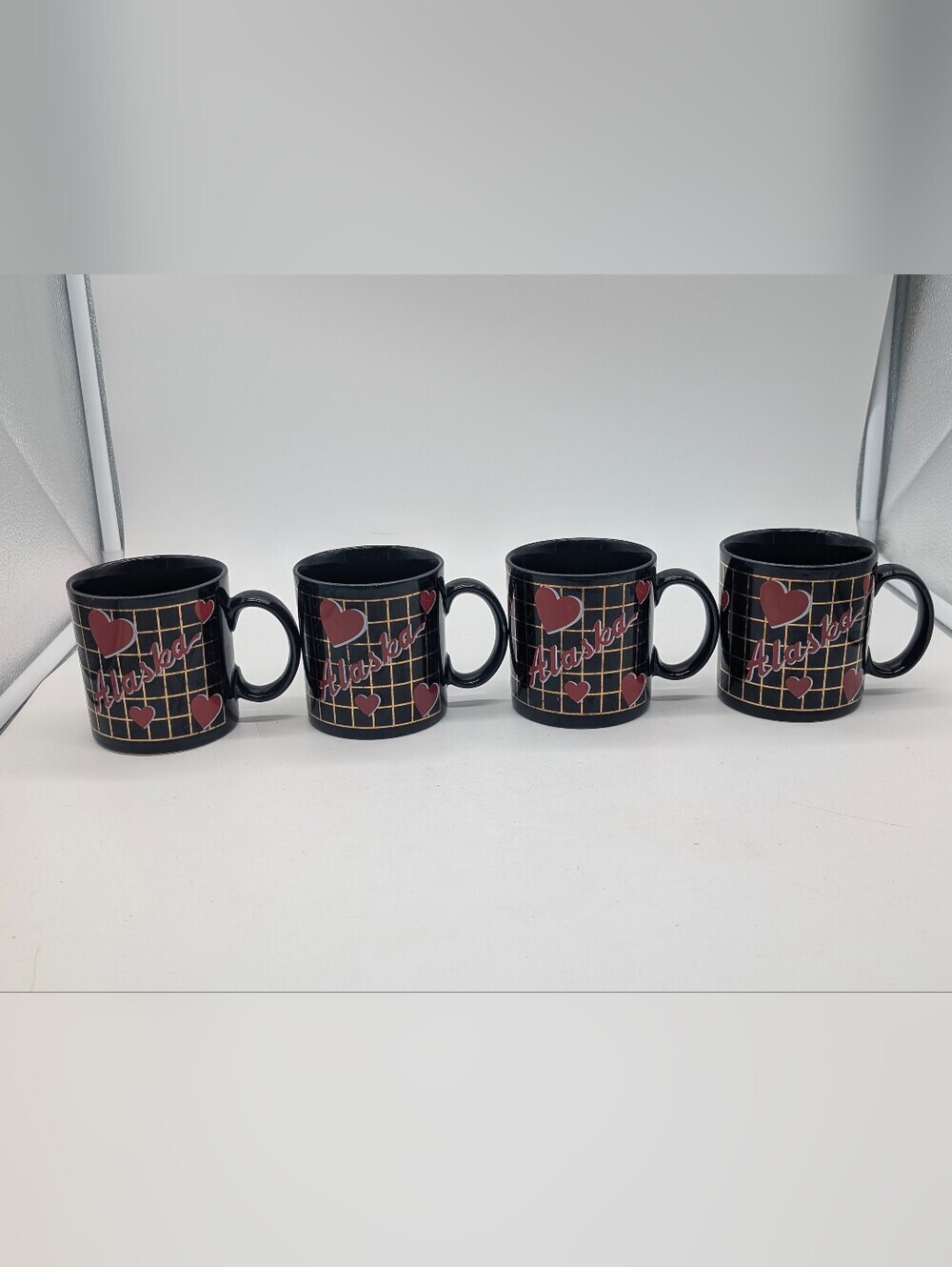 Vintage 1980s Alaska Souvenir Mugs - Black Gold Grid Red Hearts (Set of 4)
